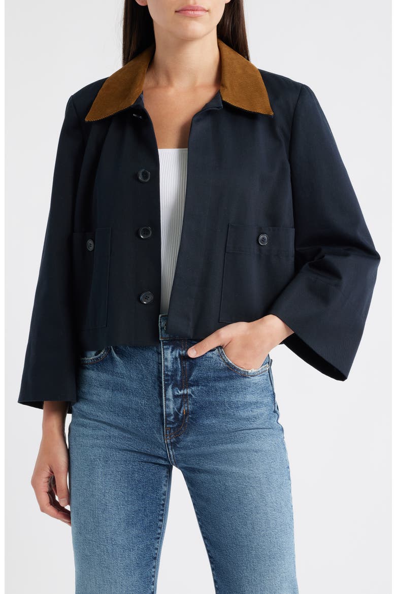 Corduroy Collar Crop Jacket, Main, color, NAVY