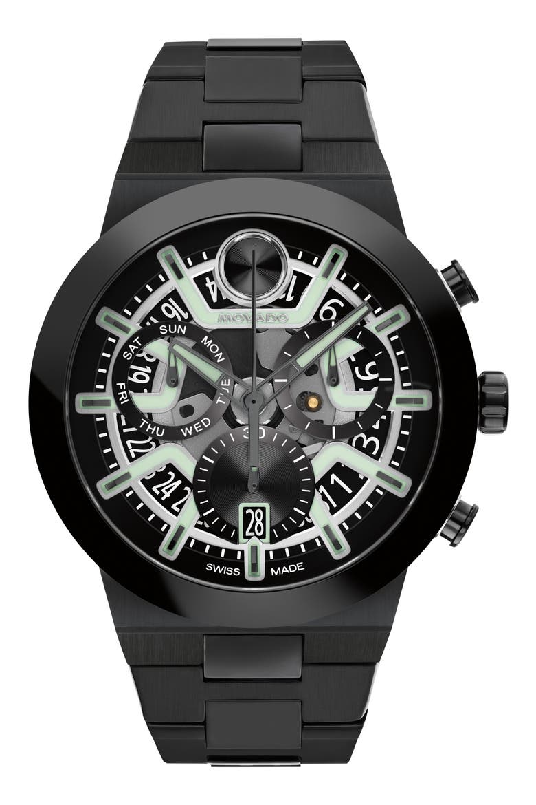 Bold Fusion Skeleton Chronograph Silicone Strap Watch, 44.5mm, Main, color, BLACK GREY SLNGL TRNSPRNT