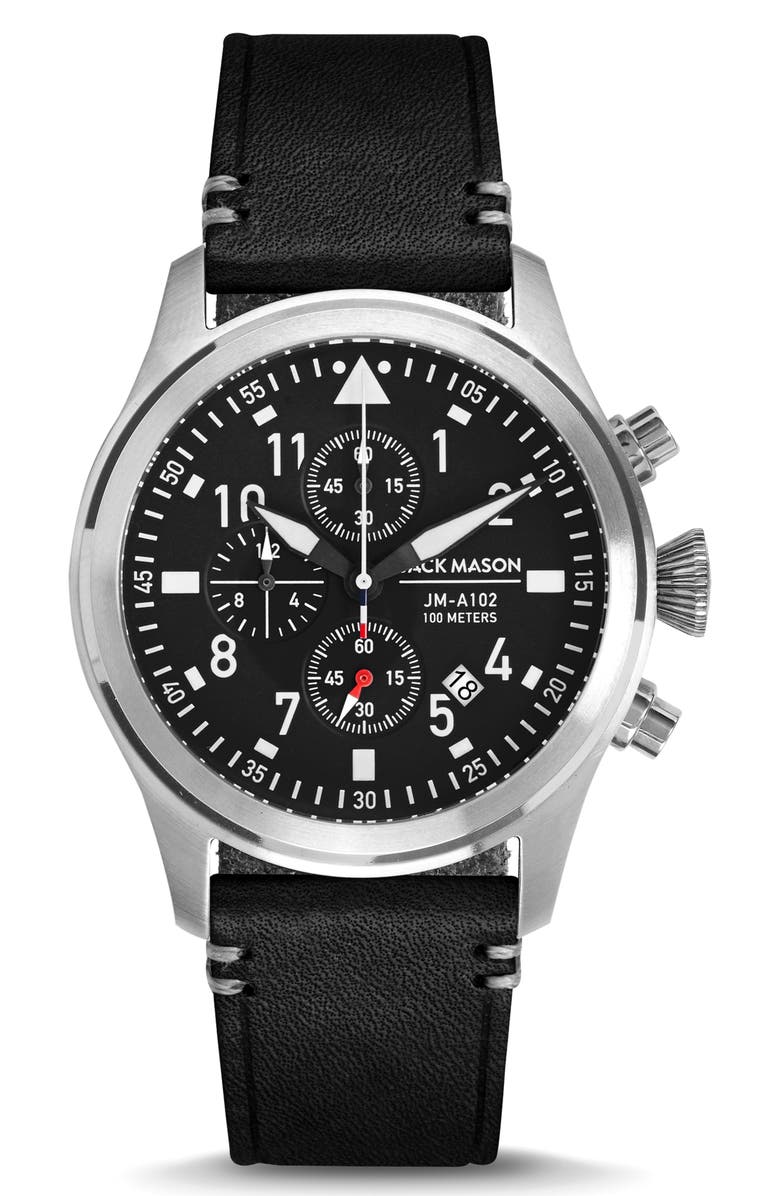 Jack Mason Chronograph Leather Strap Watch, 42mm, Main, color, 
