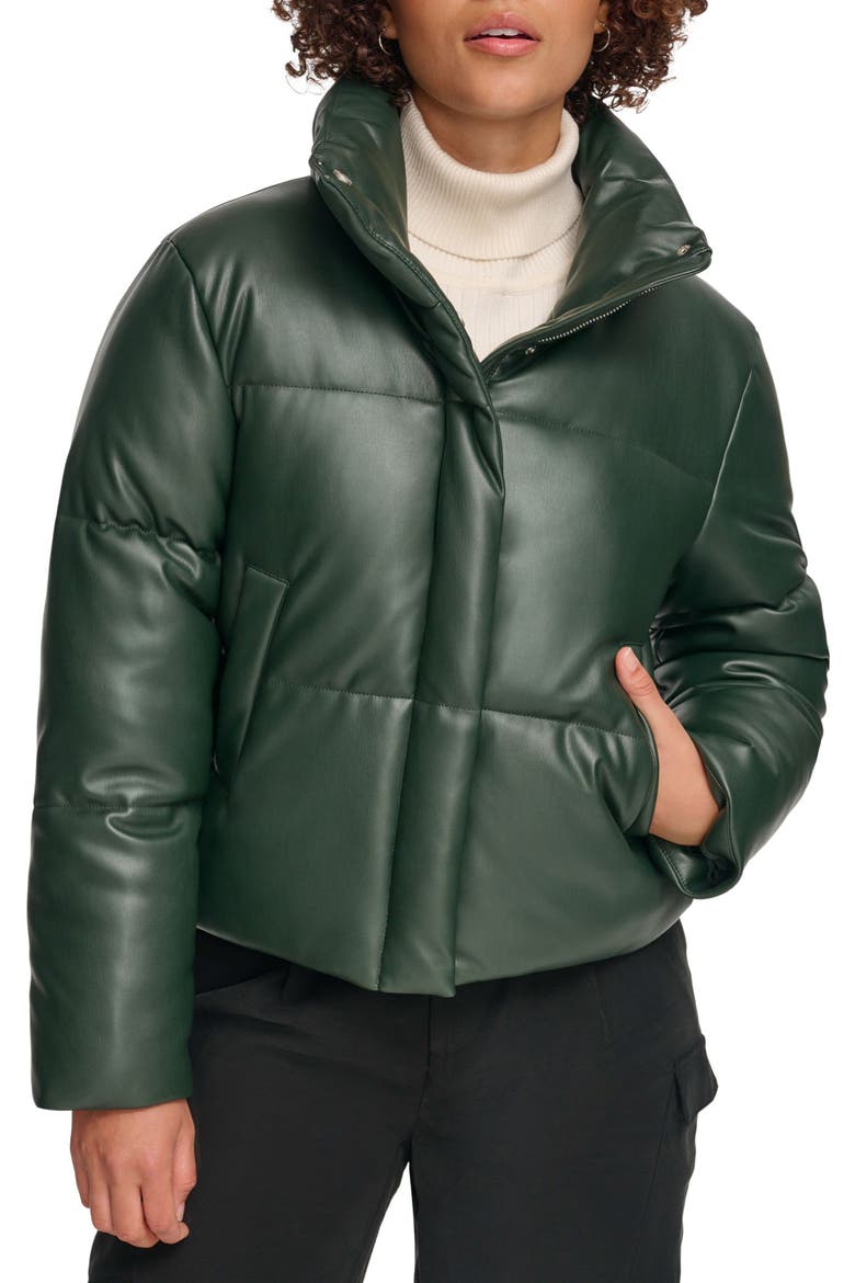 Water Resistant Faux Leather Puffer Jacket, Main, color, DARKEST SPRUCE