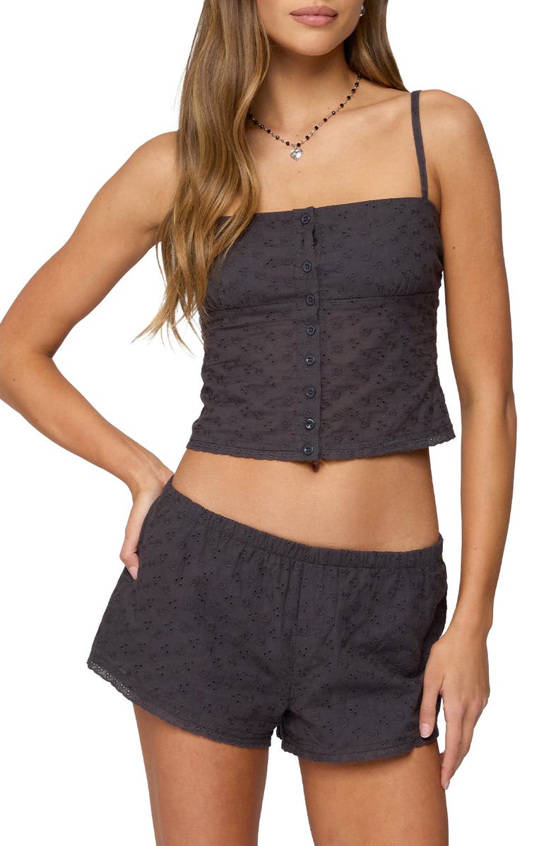 EDIKTED Shaya Eyelet Crop Camisole, Main, color, Dark-Gray