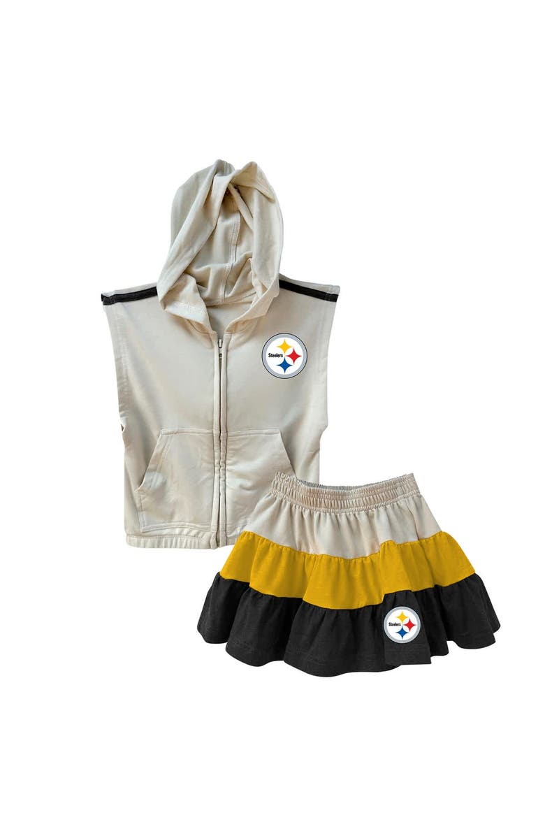 Wes & Willy Girls Toddler Wes & Willy Gold/Black Pittsburgh Steelers Sleeveless Full-Zip Hoodie & Three Tier Skirt Set, Main, color,