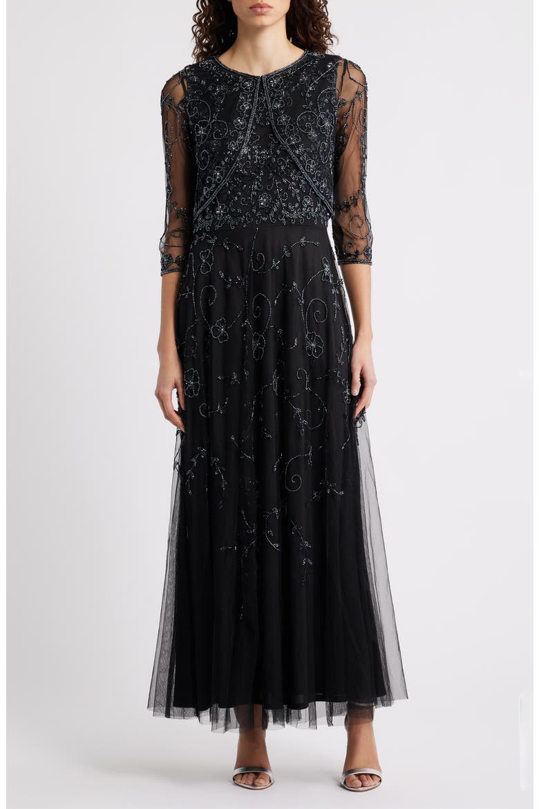 Beaded Mesh Gown with Jacket, Main, color, BLACK/ GUNMETAL 068