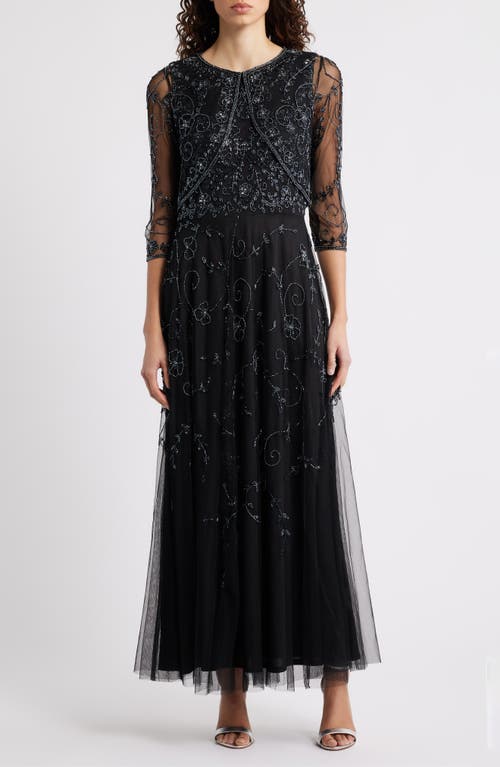 Pisarro Nights Beaded Mesh Gown With Jacket In Black