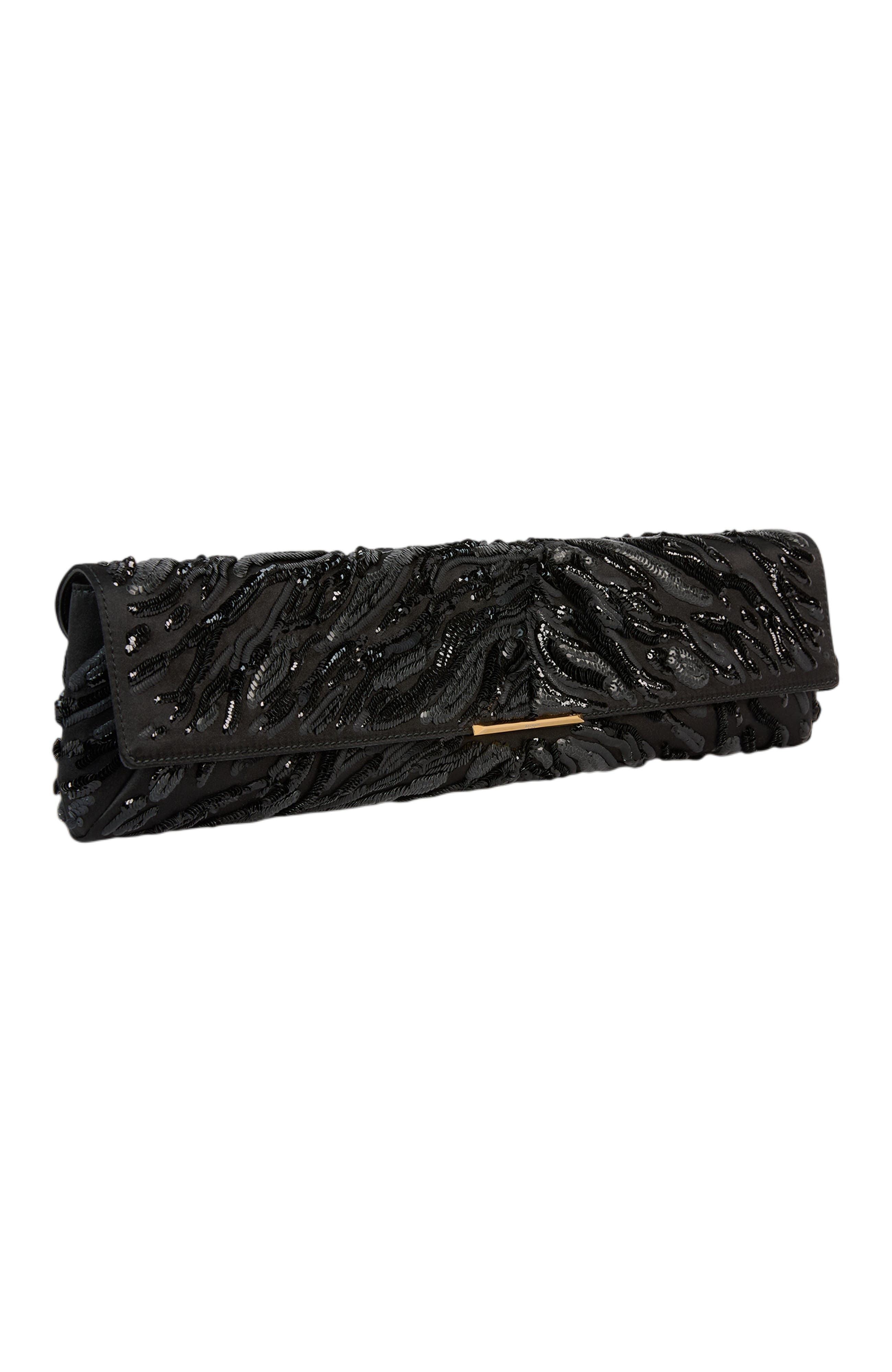 Long Clutch Bag in Embroidered Satin, Alternate, color, black