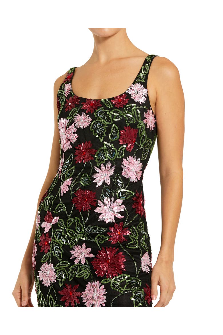 Floral Beaded Mesh Scoop Neck Fitted Midi Dress, Alternate, color, Black Multi
