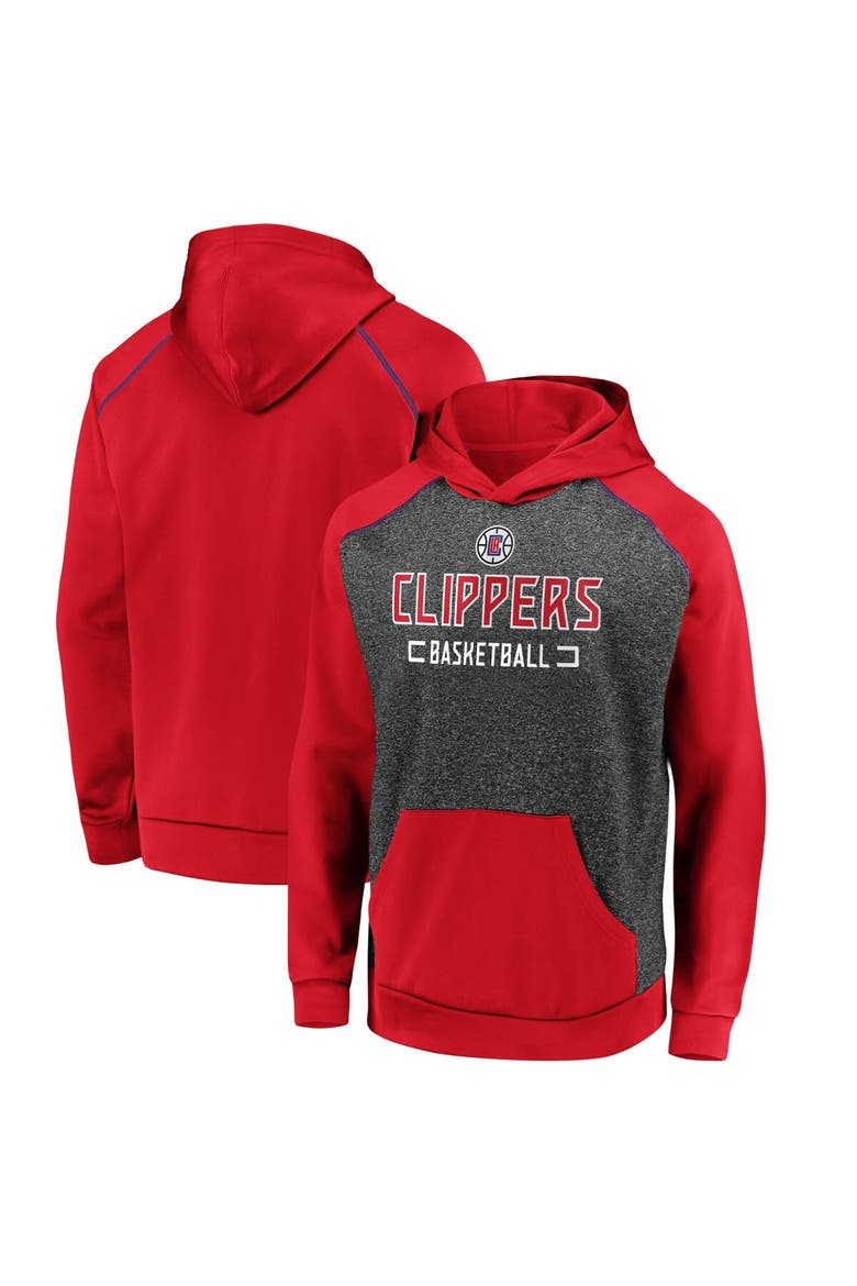 Men's Fanatics Branded Heathered Charcoal/Red LA Clippers Game Day Ready Raglan Pullover Hoodie, Main, color, Heather Charcoal