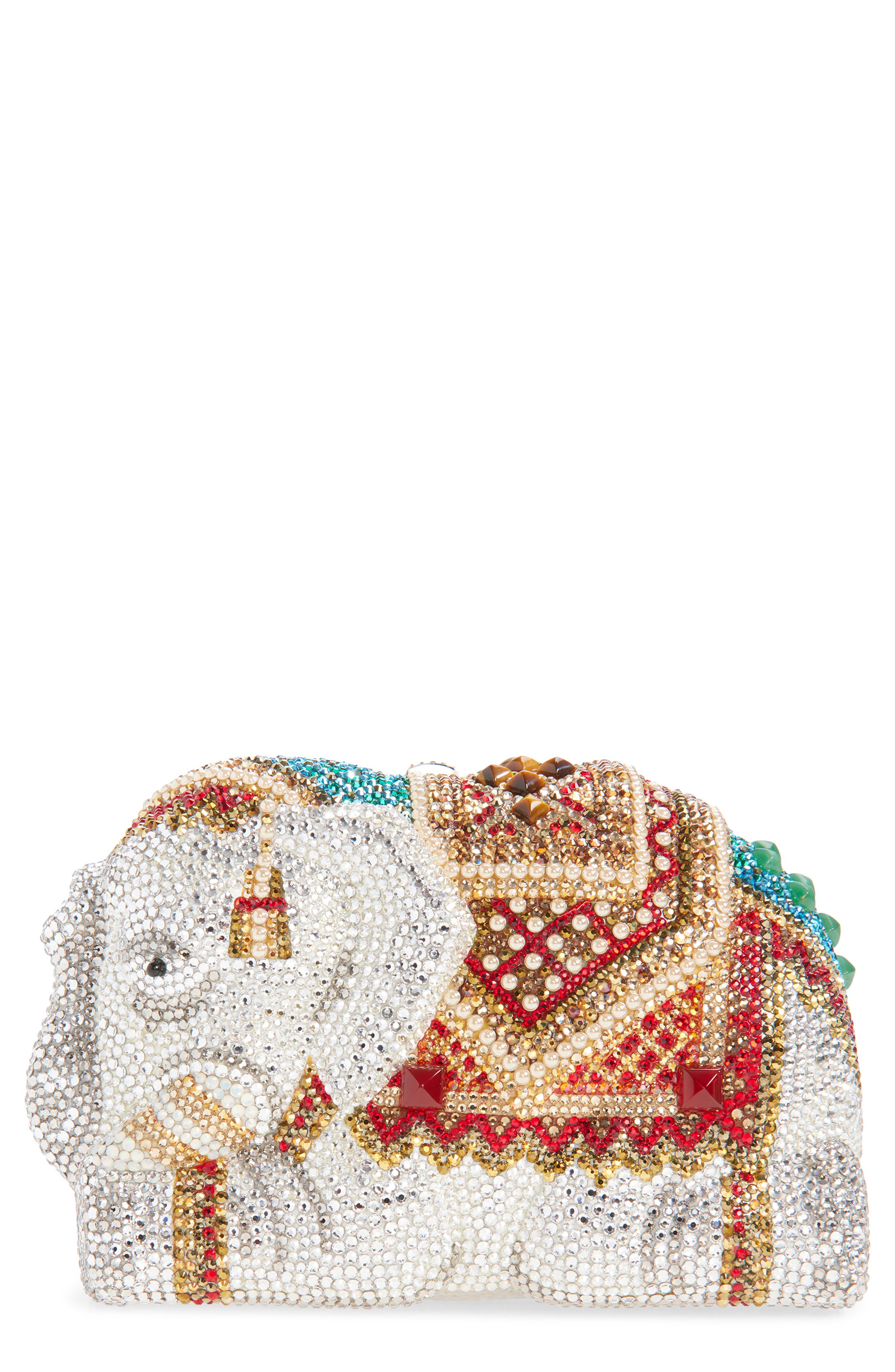 JUDITH LEIBER COUTURE Elephant Crystal Embellished Clutch, Main, color, Silver Rhine Multi