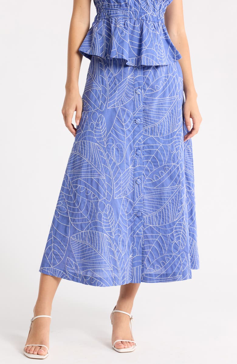 1901 Embroidered Cotton Midi Skirt, Main, color, Blue-White Leaf Embr