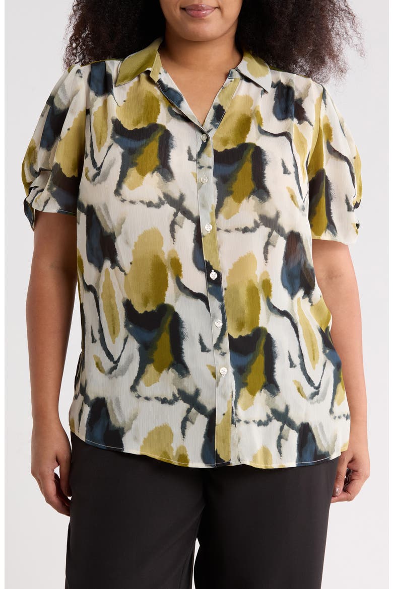Scrunched Short Sleeve Button-Up Shirt, Main, color, OLIVE WATERCOLOR GEODE