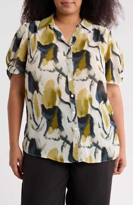 Adrianna Papell Scrunched Short Sleeve Button-Up Shirt