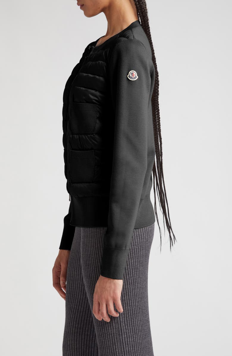 Moncler Mixed Media Quilt Front Wool Cardigan, Alternate, color, Black