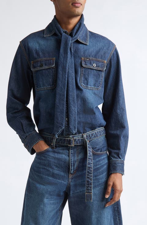 Tie Neck Denim Button-Up Shirt