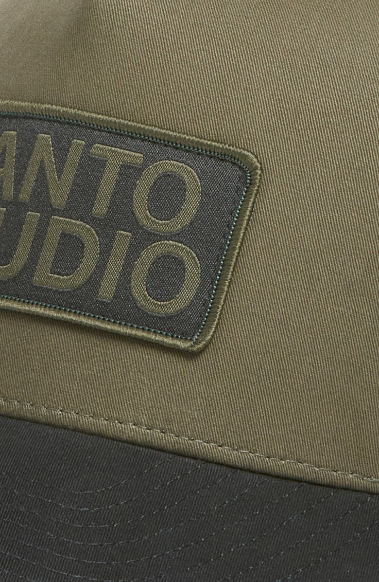SANTO STUDIO Logo Patch Snapback Trucker Hat, Alternate, color, Olive