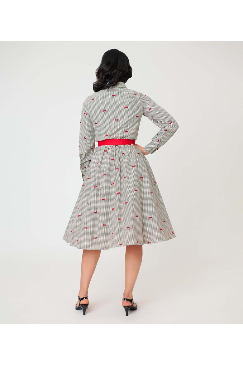 Long Sleeve Belted Shirt Dress, Alternate, color, Grey Gingham Cherry Print