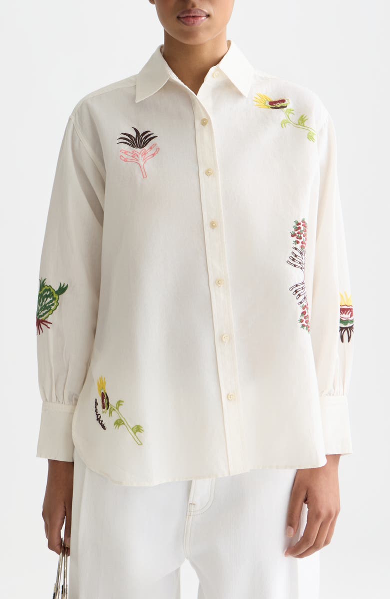 Scotch & Soda Embroidered Cotton & Linen Button-Up Shirt, Main, color, Eggnog