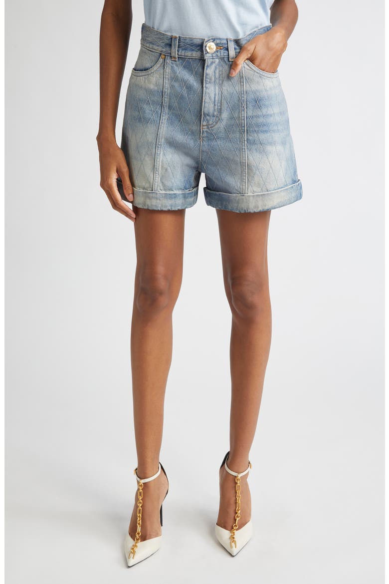 Quilted High Waist Denim Shorts, Main, color, 6FC LT BLUE