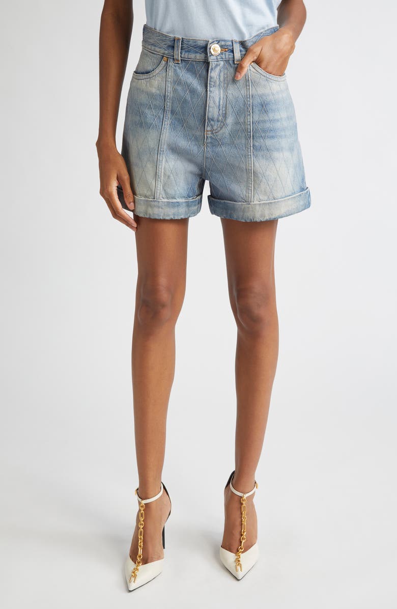 Balmain Quilted High Waist Denim Shorts, Main, color, 6Fc Lt Blue