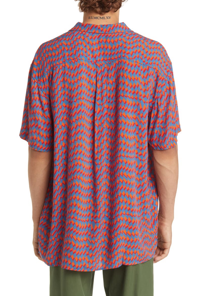 Print Short Sleeve Button-Up Camp Shirt, Alternate, color, ORANGE- BLUE DIAMOND CHECKER