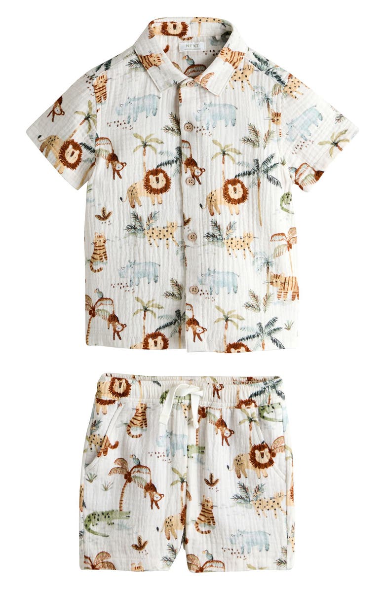 NEXT Kids' Print Cotton Gauze Button-Up Shirt & Shorts Set, Main, color, Neutral