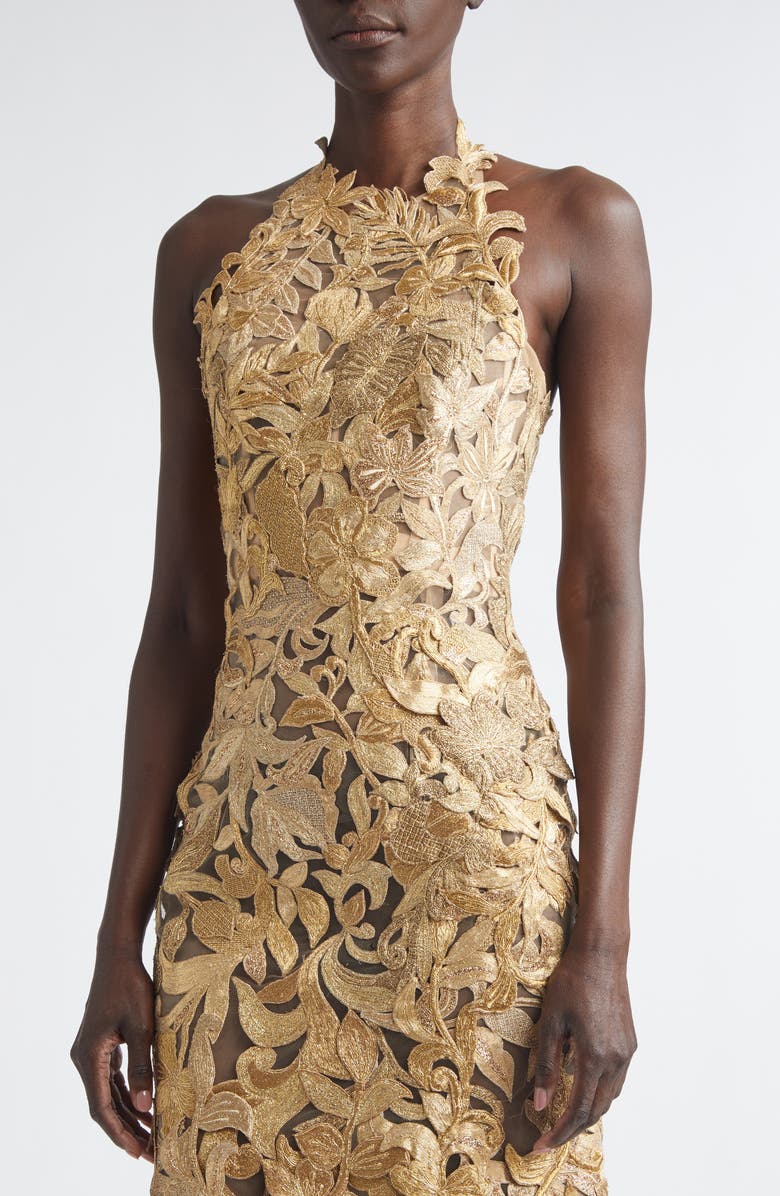 Oscar de la Renta Floral Metallic Corded Lace Halter Cocktail Dress, Alternate, color, Oyster