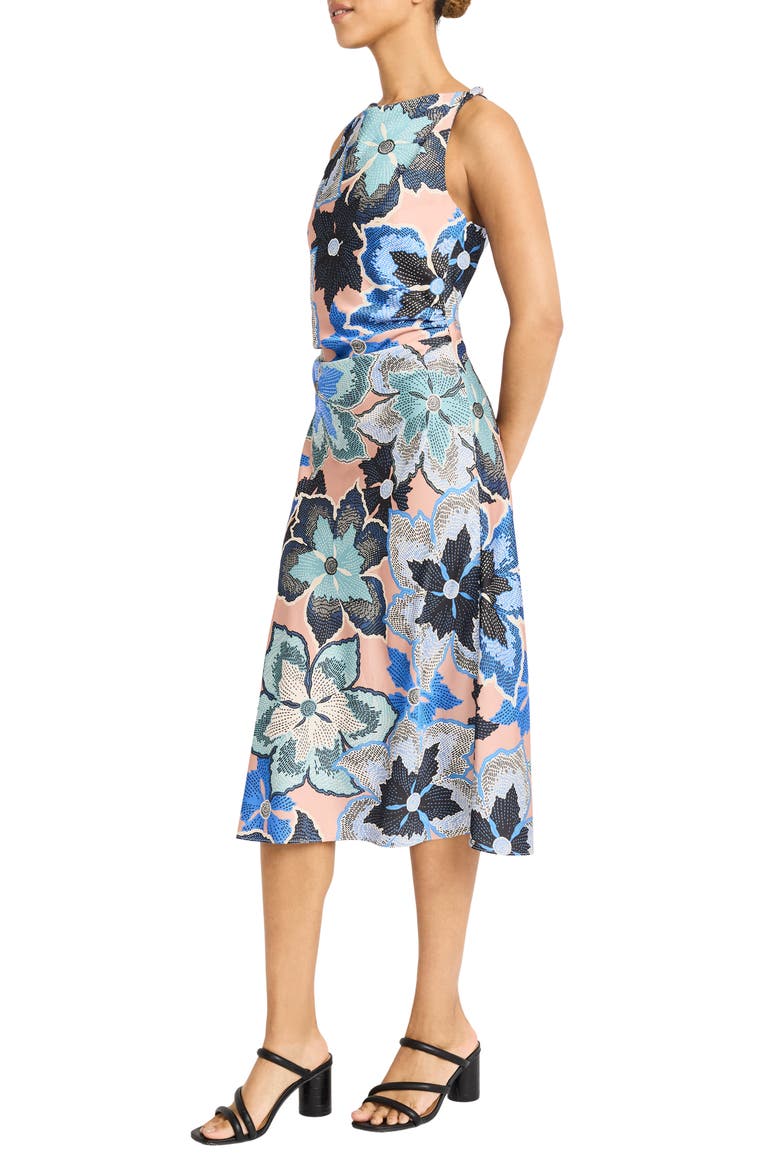 Printed Ruched Midi Dress, Alternate, color, TAUPE/ COBALT BLUE