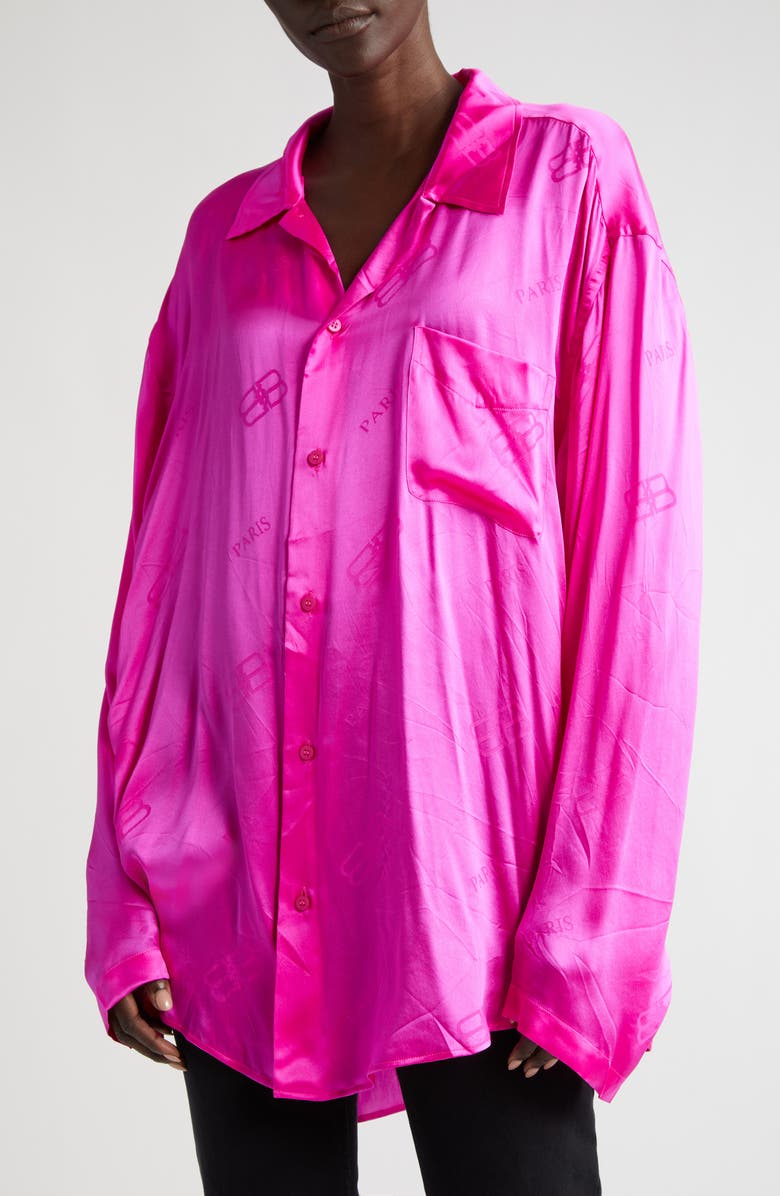 Balenciaga Minimal Logo Jacquard Silk Button-Up Shirt, Main, color, 