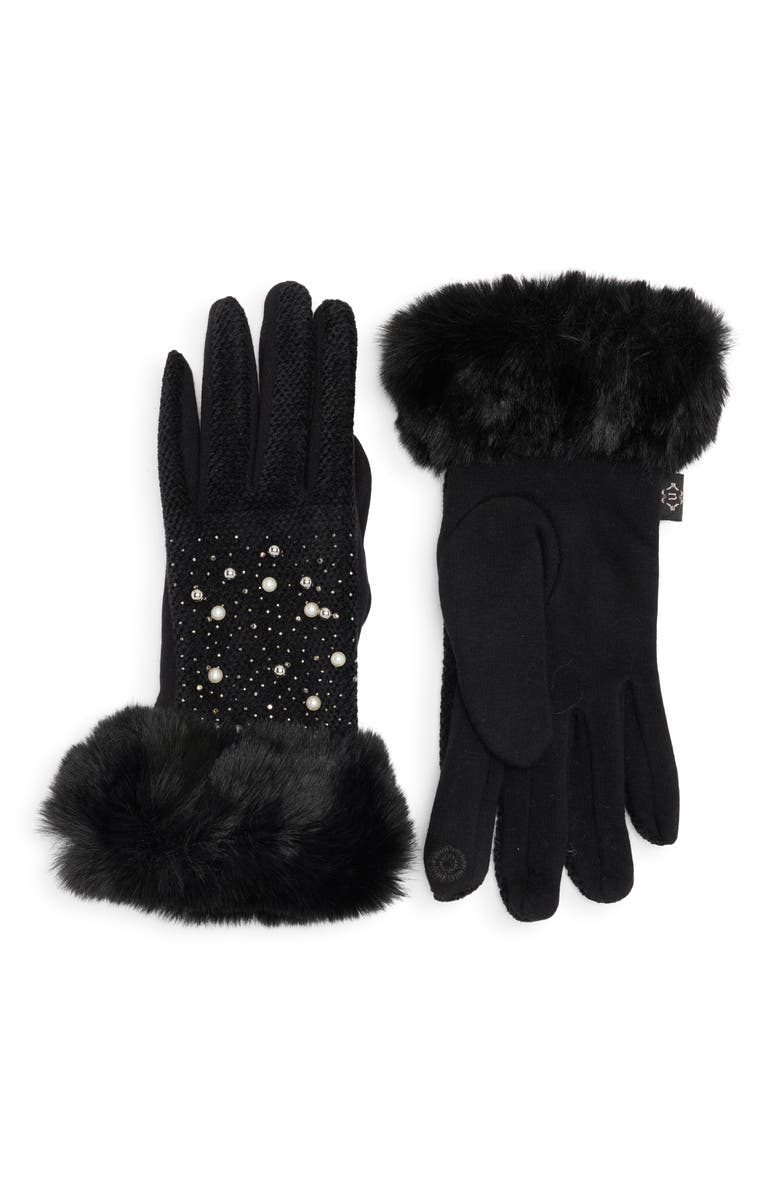 Nanette Lepore Jacquard Gloves with Faux Fur Trim, Main, color, Black