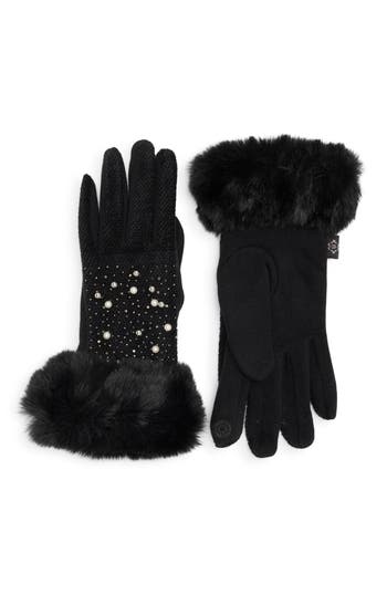 Nanette Lepore Jacquard Gloves With Faux Fur Trim In Black