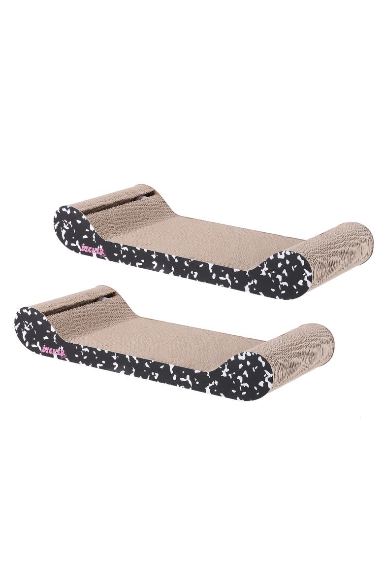 Rini Modern Cardboard Lounge Bed Cat Scratcher with Built-In Bell Toys and Catnip, Main, color, Black/White