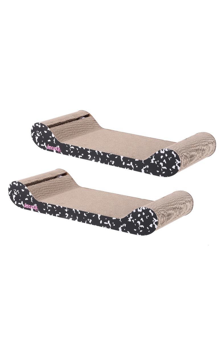 The Licker Store Rini Modern Cardboard Lounge Bed Cat Scratcher with Built-In Bell Toys and Catnip, Main, color, Black/White