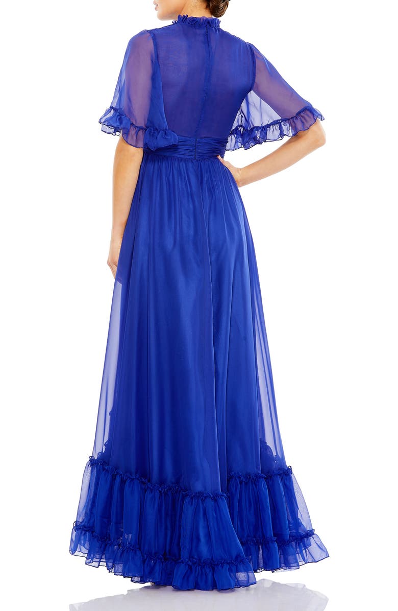 Mac Duggal Ruffled High Neck Flutter Sleeve High Low Hem Gown, Alternate, color, Sapphire