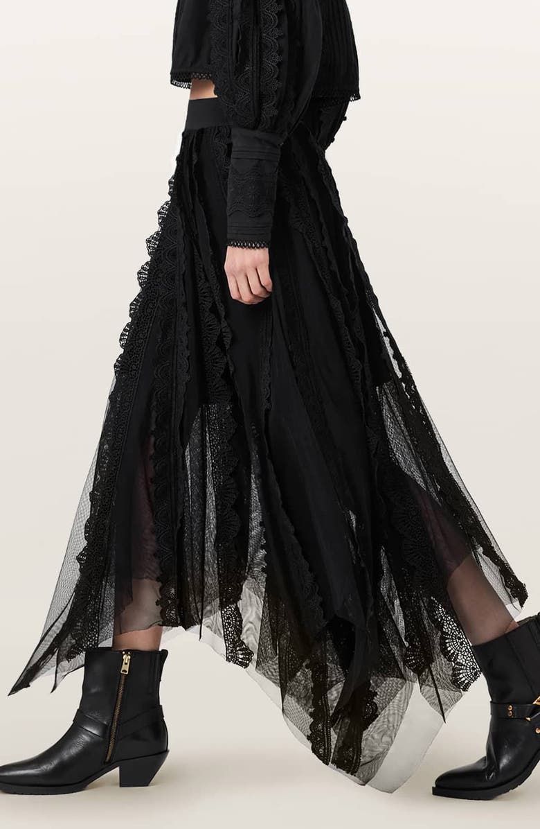 AllSaints Vashtie Mixed Lace Handkerchief Hem Skirt, Alternate, color, Black