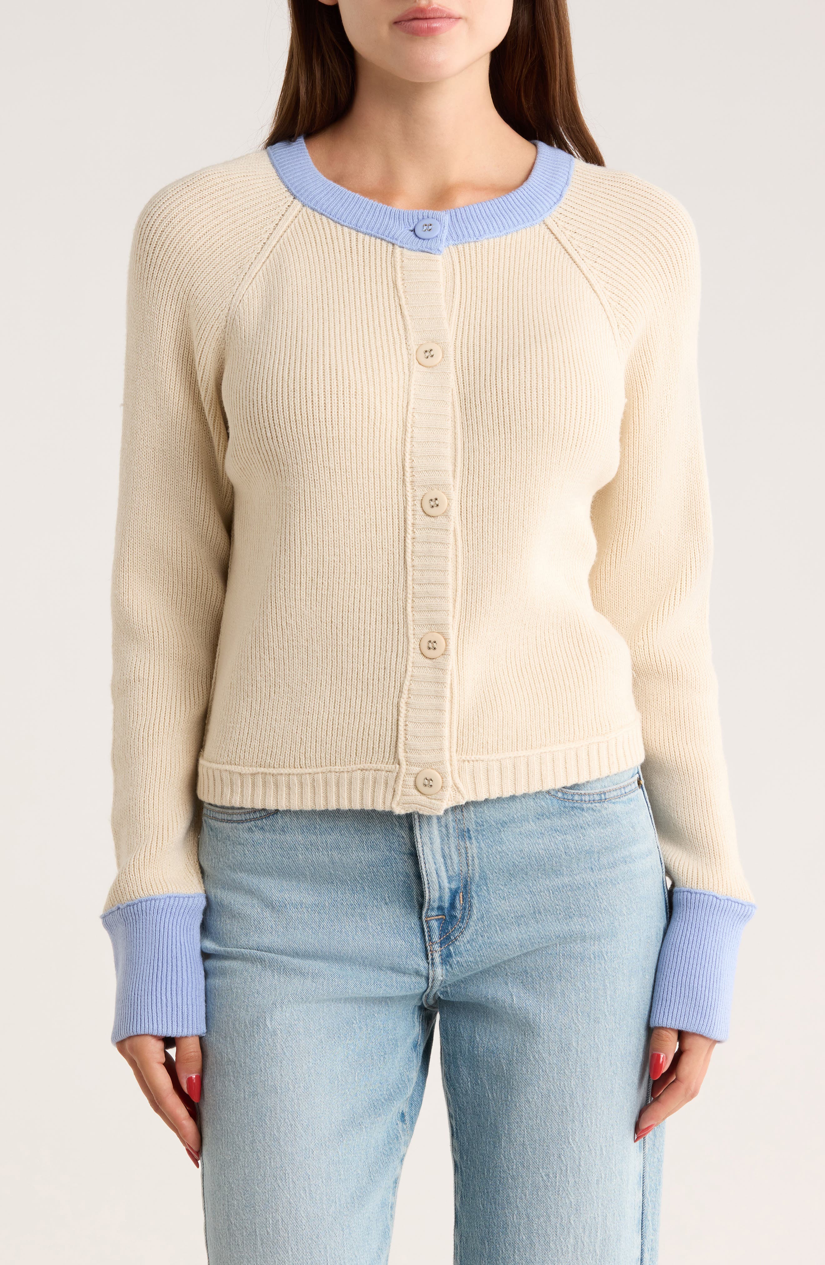 INTERNATIONAL DESIGNER Colorblock Button Front Crop Cardigan