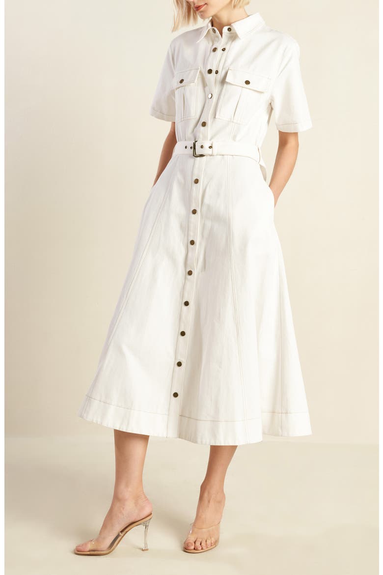 Belted Cotton Denim Midi Shirtdress, Alternate, color, OFF WHITE