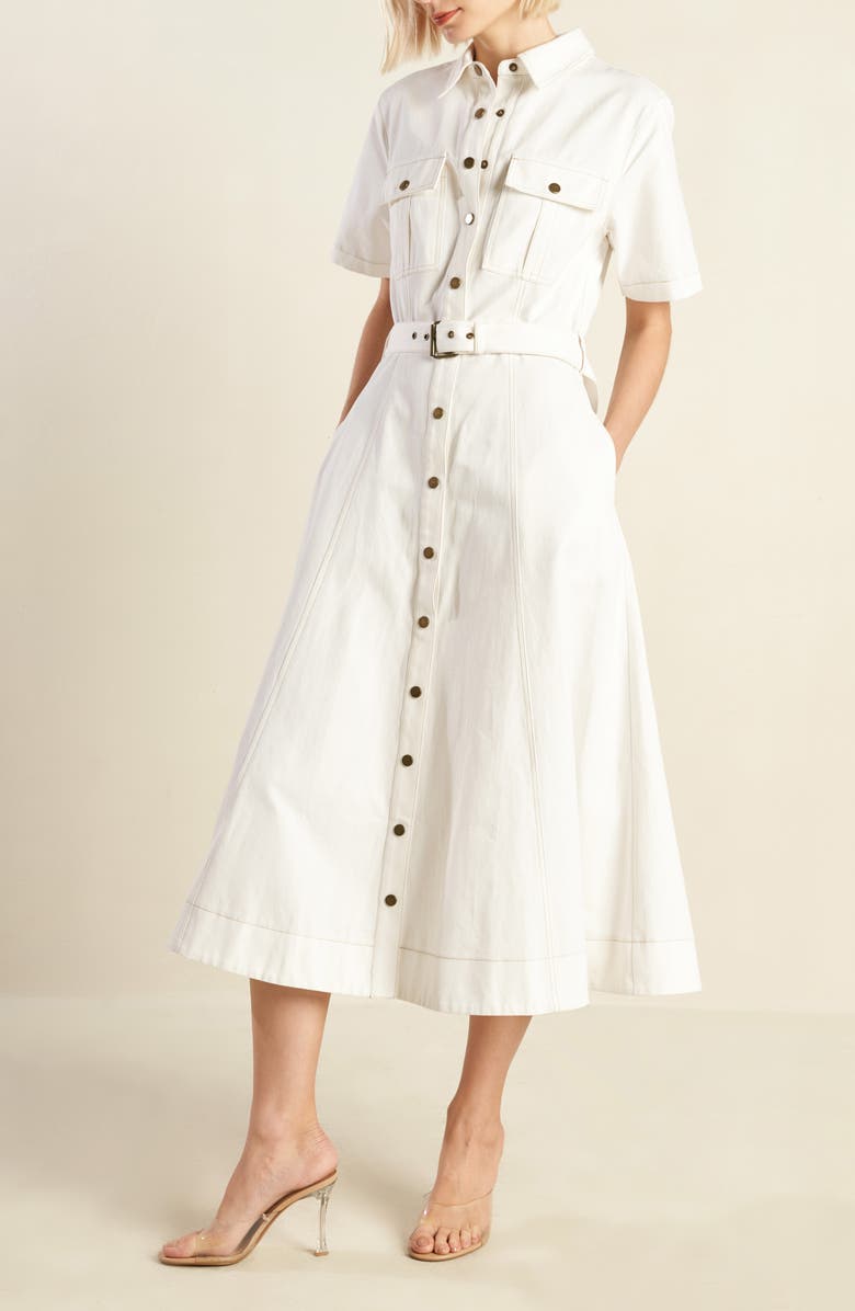 FREEMARKET Belted Cotton Denim Midi Shirtdress, Alternate, color, Off White