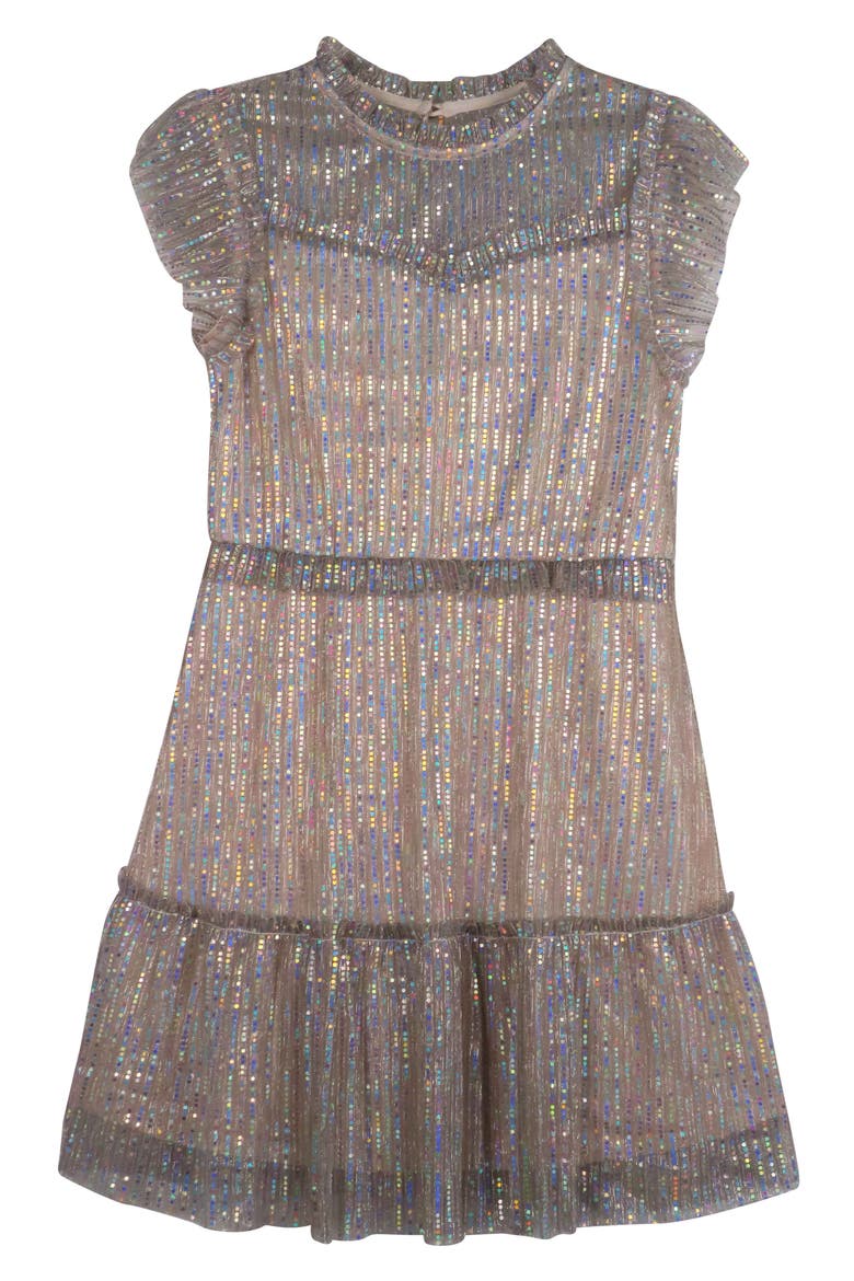 Kids' Metallic Sequin Plissé Tiered Party Dress, Main, color, GOLD