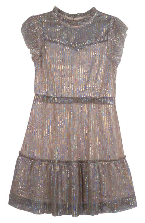 Kids' Metallic Sequin Plissé Tiered Party Dress (Big Kid)