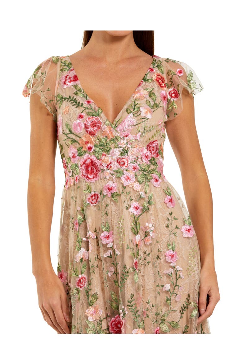 Embroidered Cap Sleeve V Neck Ankle Dress, Alternate, color, Nude Multi