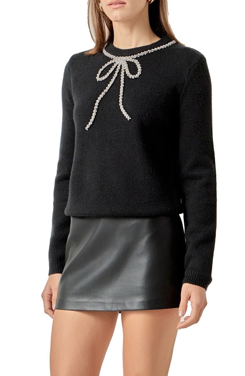 English Factory Rhinestone Bow Sweater, Alternate, color, Black