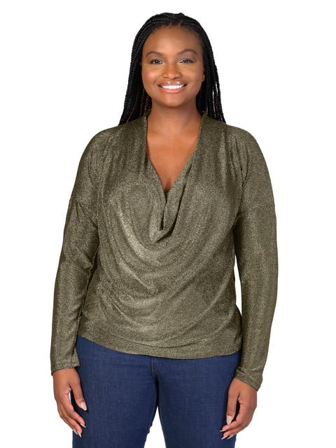 Cowl Neck Long Sleeve Shimmery Fabric Top