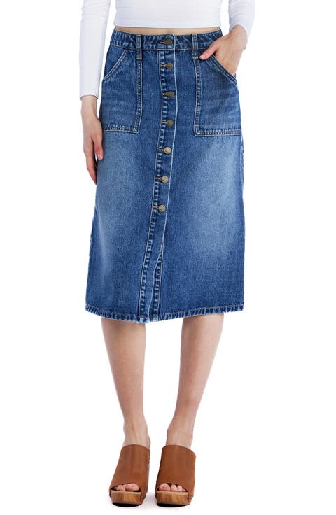 Button Front A-Line Denim Skirt