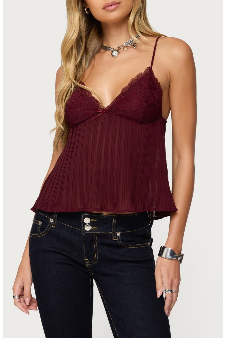 Rhian Lace Trim Pleated Babydoll Top, Main, color, BURGUNDY