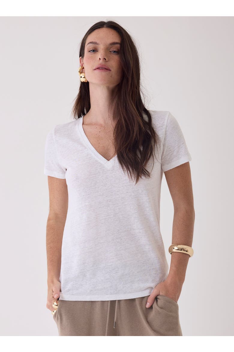 Stretch Linen Short Sleeve V-Neck T-Shirt, Main, color, BLANC