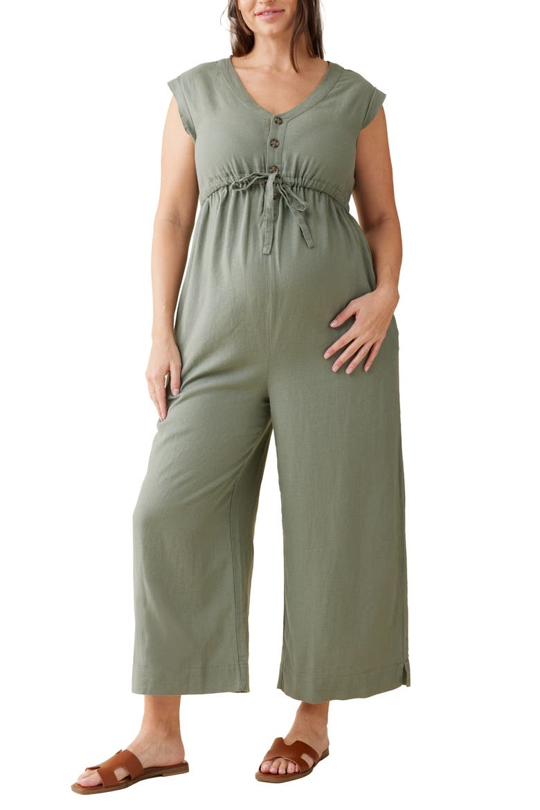 Sleeveless Linen Blend Maternity Jumpsuit, Main, color, AGAVE