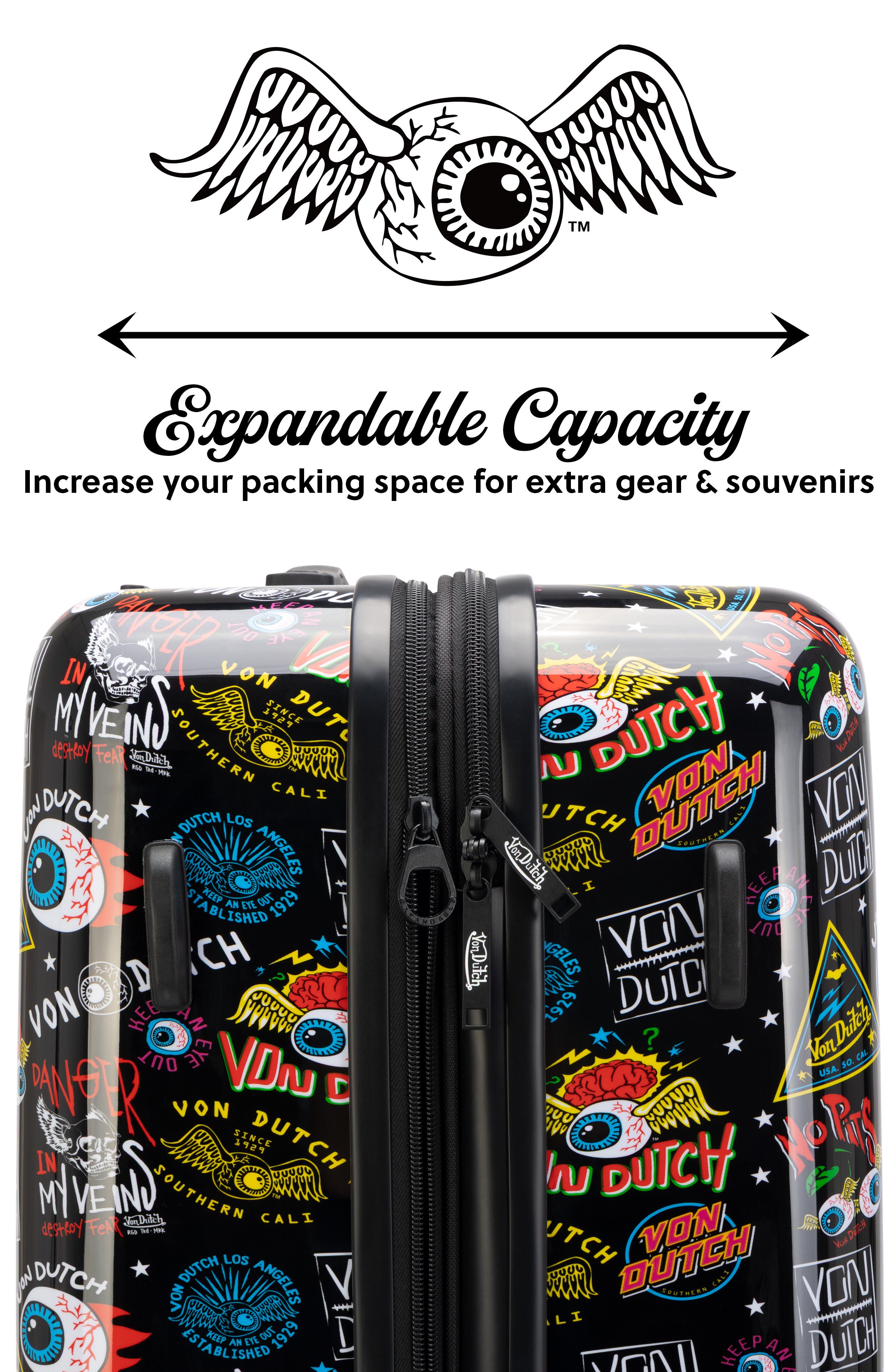 Von Dutch Black Jax Expandable Hardside Spinner Carry-on Suitcase, Alternate, color, Black Jax