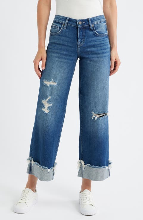 Distressted Cuff Wide Leg Jeans