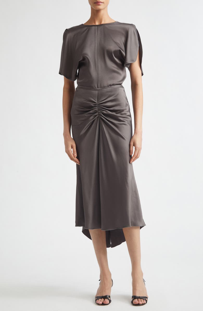 Victoria Beckham Gathered Satin Midi Skirt, Alternate, color, Ore