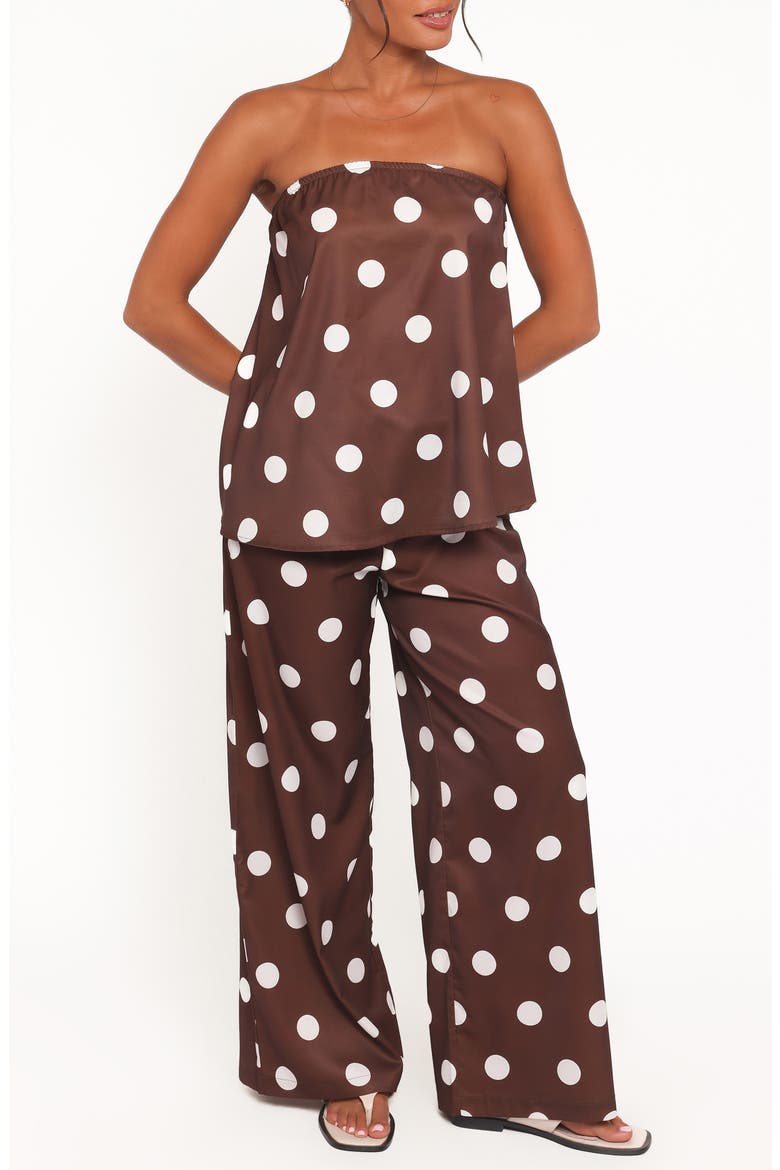 Brielle Polka Dot Strapless Top & Pants Set, Main, color, BROWN POLKA DOT