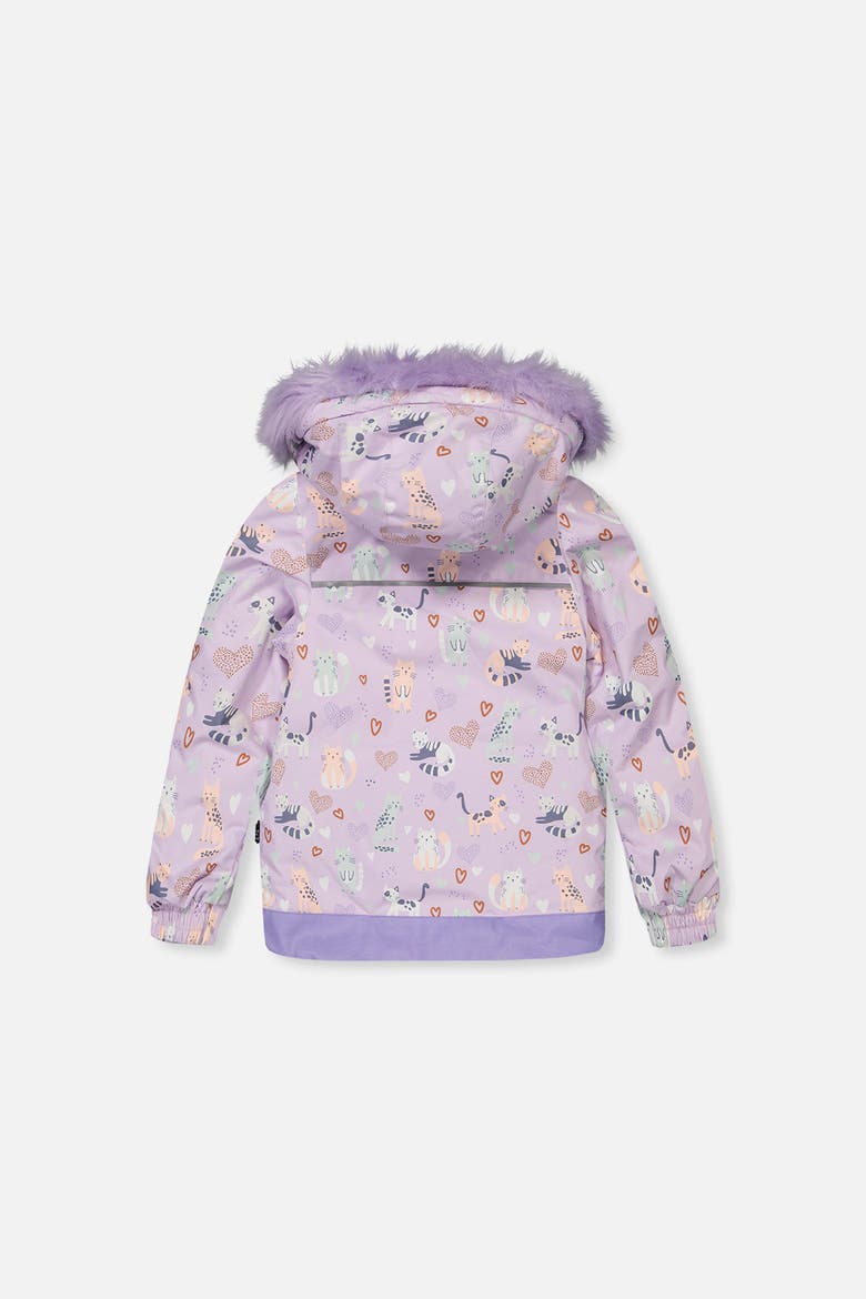 Discover Cats Faux Fur Hood Jacket & Suspender Pants Two Piece Snowsuit, Alternate, color, Purple Printed Cats